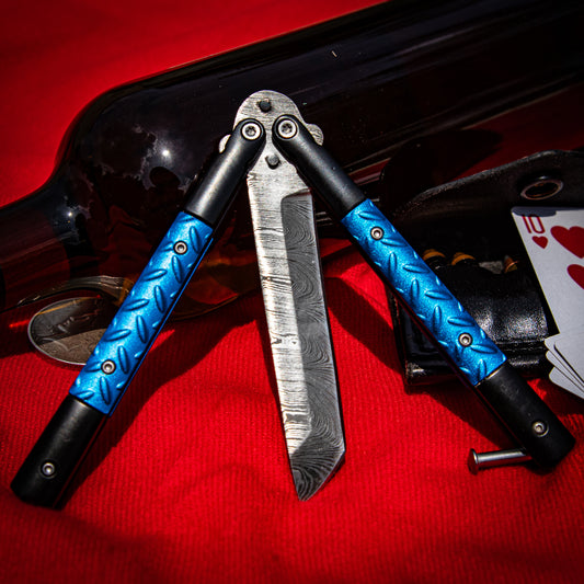 Azure Sky Butterfly Fanning Knife with Hard ABS Sheath | Damascus Steel | Tanto Point