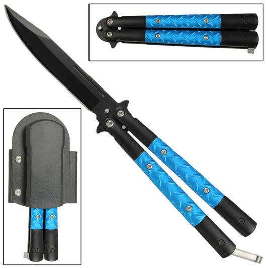 Azure Sky Butterfly Fanning Knife with Hard ABS Sheath | Stainless Steel | Clip Point