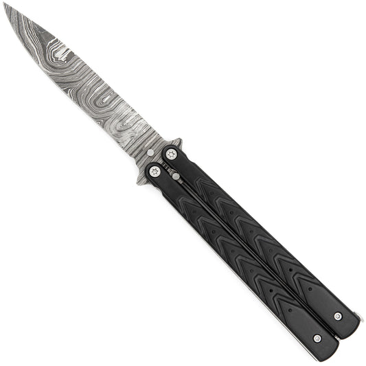 Black Butterfly Balisong Knife with Hard ABS Sheath | Drop Point Blade | Damascus Steel