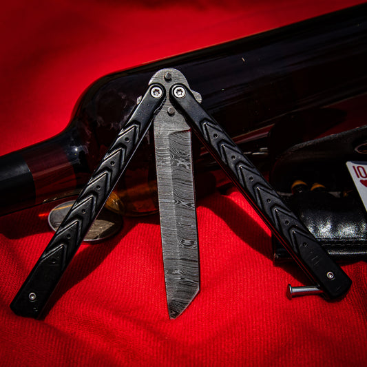 Black Butterfly Balisong Knife with Hard ABS Sheath | Tanto Point Blade | Damascus Steel