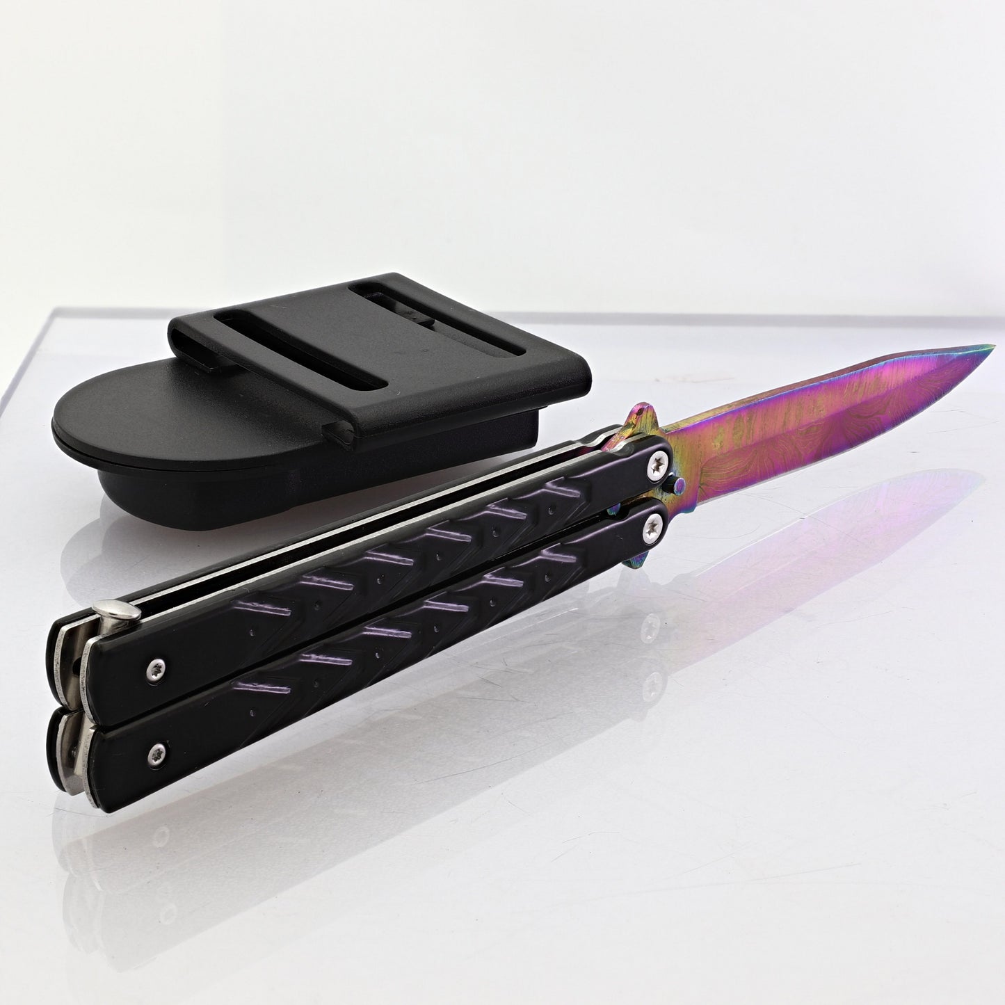 Black Butterfly Balisong Knife with Hard ABS Sheath | Drop Point Blade | Titanium Damascus Steel