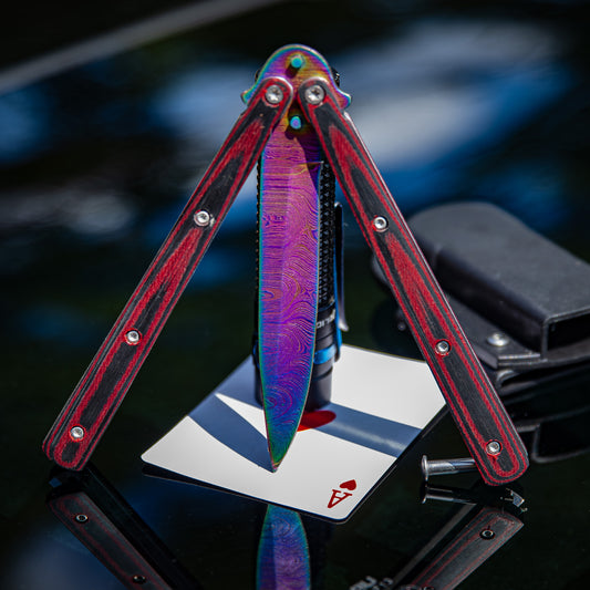 Micarta Simple Butterfly Red & Black Knife w/ ABS Belt Holster | Titanium Damascus Steel Blade | Drop Point
