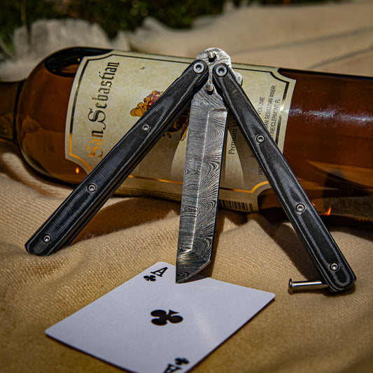 Micarta Simple Butterfly Black Knife | Damascus Steel Blade | Tanto Point
