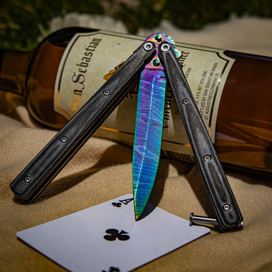 Micarta Simple Butterfly Black Knife | Titanium Damascus Steel Blade | Drop Point