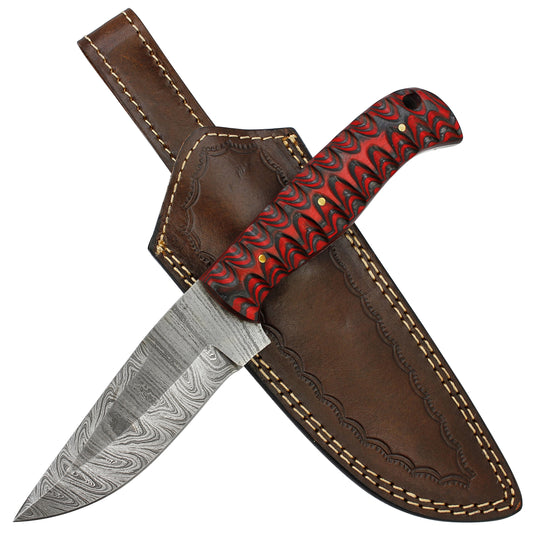 Twirling Crimson Hand Forged Full Tang Damascus Steel Small Medium Game Hunting Knife w/ Genuine Leather Sheath & Textured Dyed Wood Scales