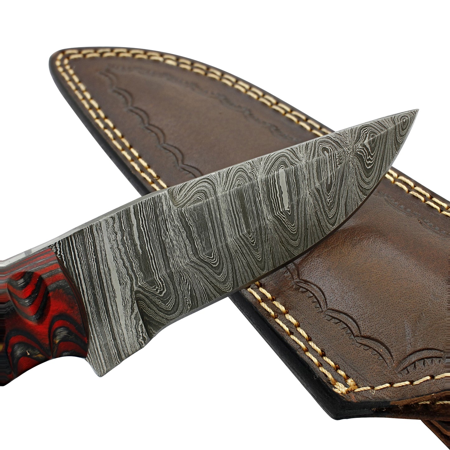 Twirling Crimson Hand Forged Full Tang Damascus Steel Small Medium Game Hunting Knife w/ Genuine Leather Sheath & Textured Dyed Wood Scales