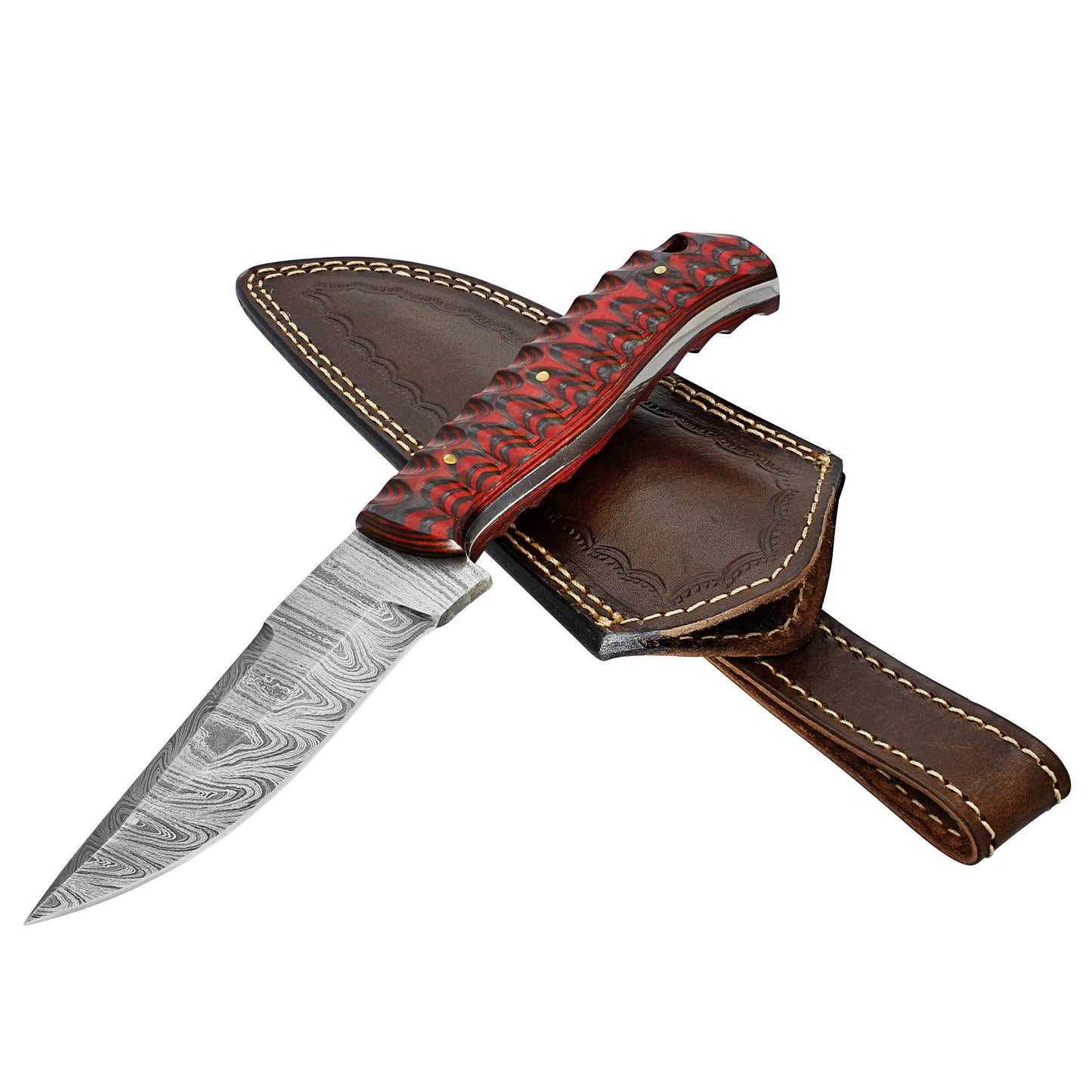 Twirling Crimson Hand Forged Full Tang Damascus Steel Small Medium Game Hunting Knife w/ Genuine Leather Sheath & Textured Dyed Wood Scales