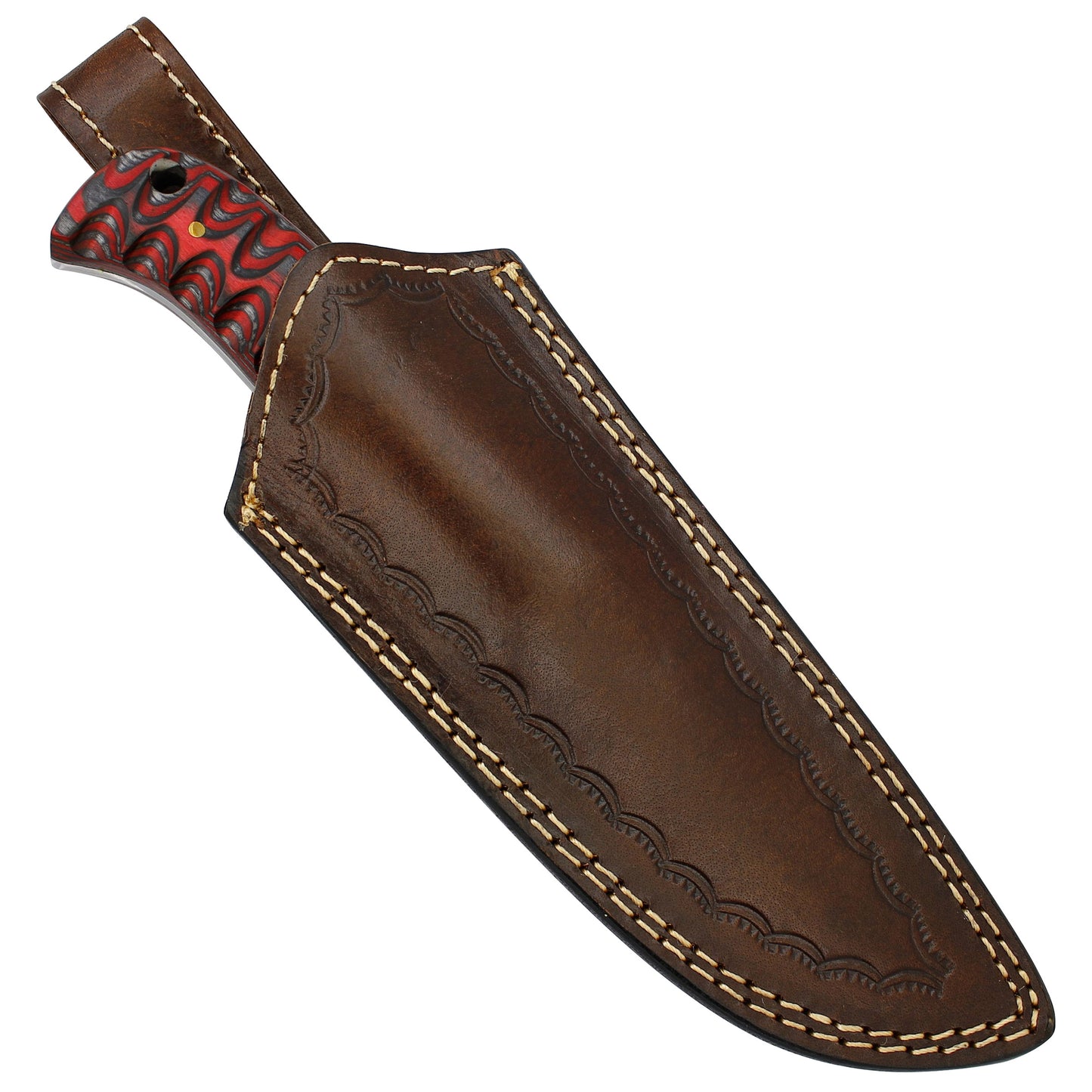 Twirling Crimson Hand Forged Full Tang Damascus Steel Small Medium Game Hunting Knife w/ Genuine Leather Sheath & Textured Dyed Wood Scales