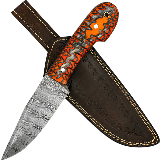 Jagged Rose Full Tang Clip Point Hand Forged Damascus Steel Small Medium Game Hunting Knife w/ Genuine Leather Sheath & Dyed Birch Wood Scales