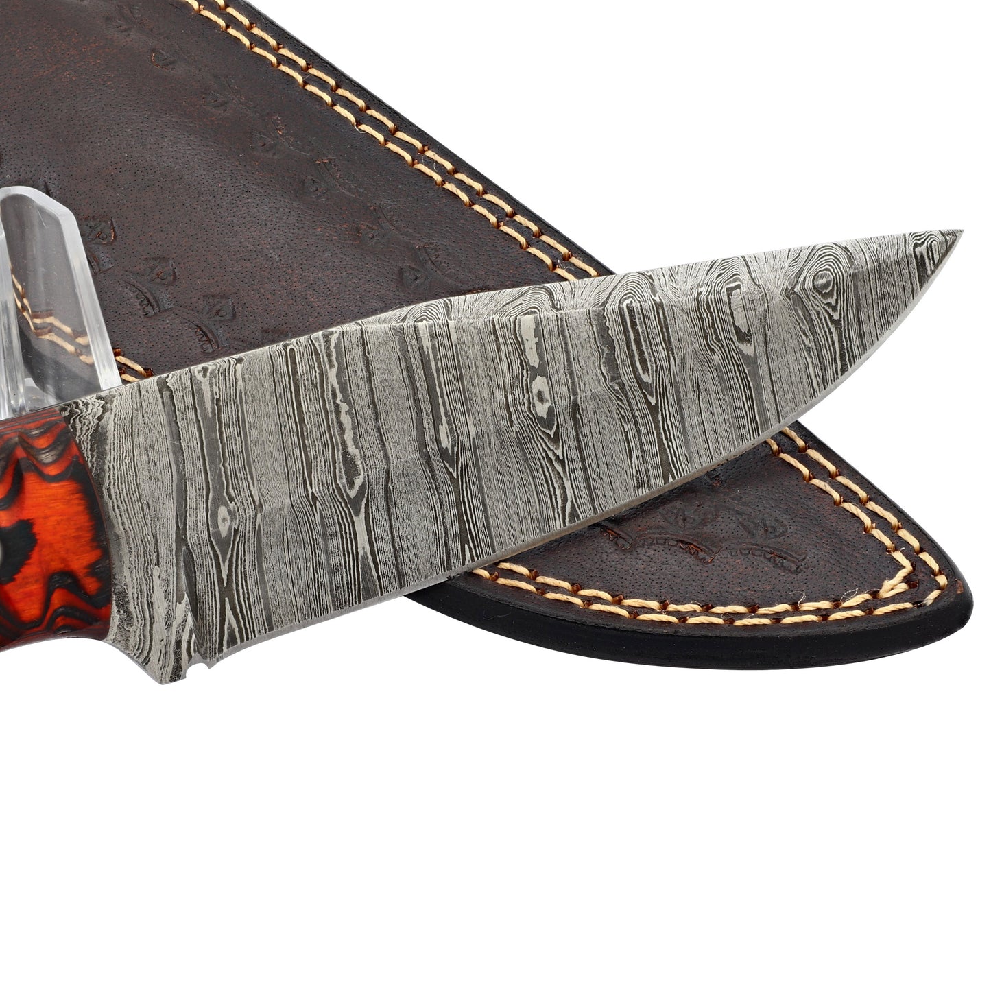 Jagged Rose Full Tang Clip Point Hand Forged Damascus Steel Small Medium Game Hunting Knife w/ Genuine Leather Sheath & Dyed Birch Wood Scales