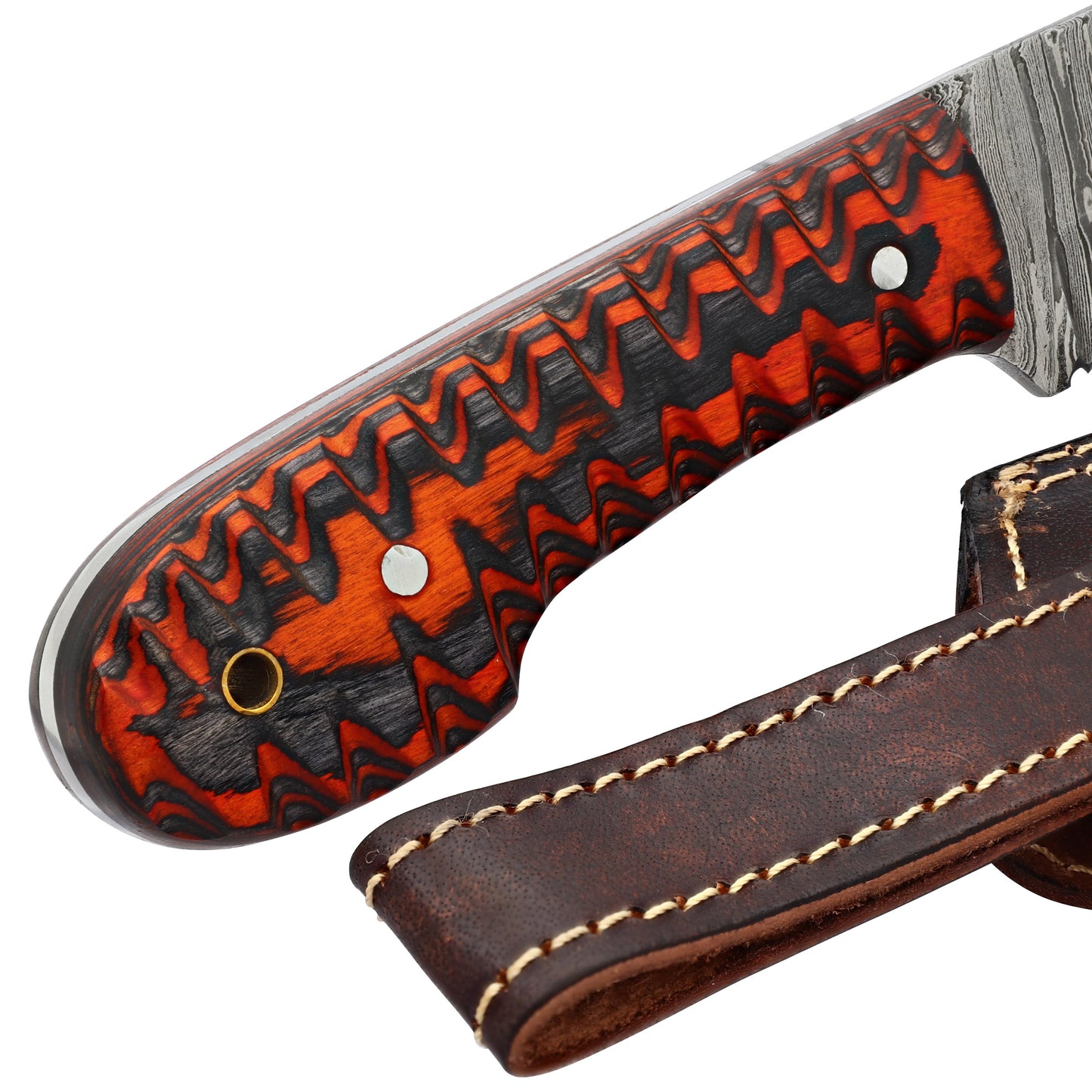 Jagged Rose Full Tang Clip Point Hand Forged Damascus Steel Small Medium Game Hunting Knife w/ Genuine Leather Sheath & Dyed Birch Wood Scales