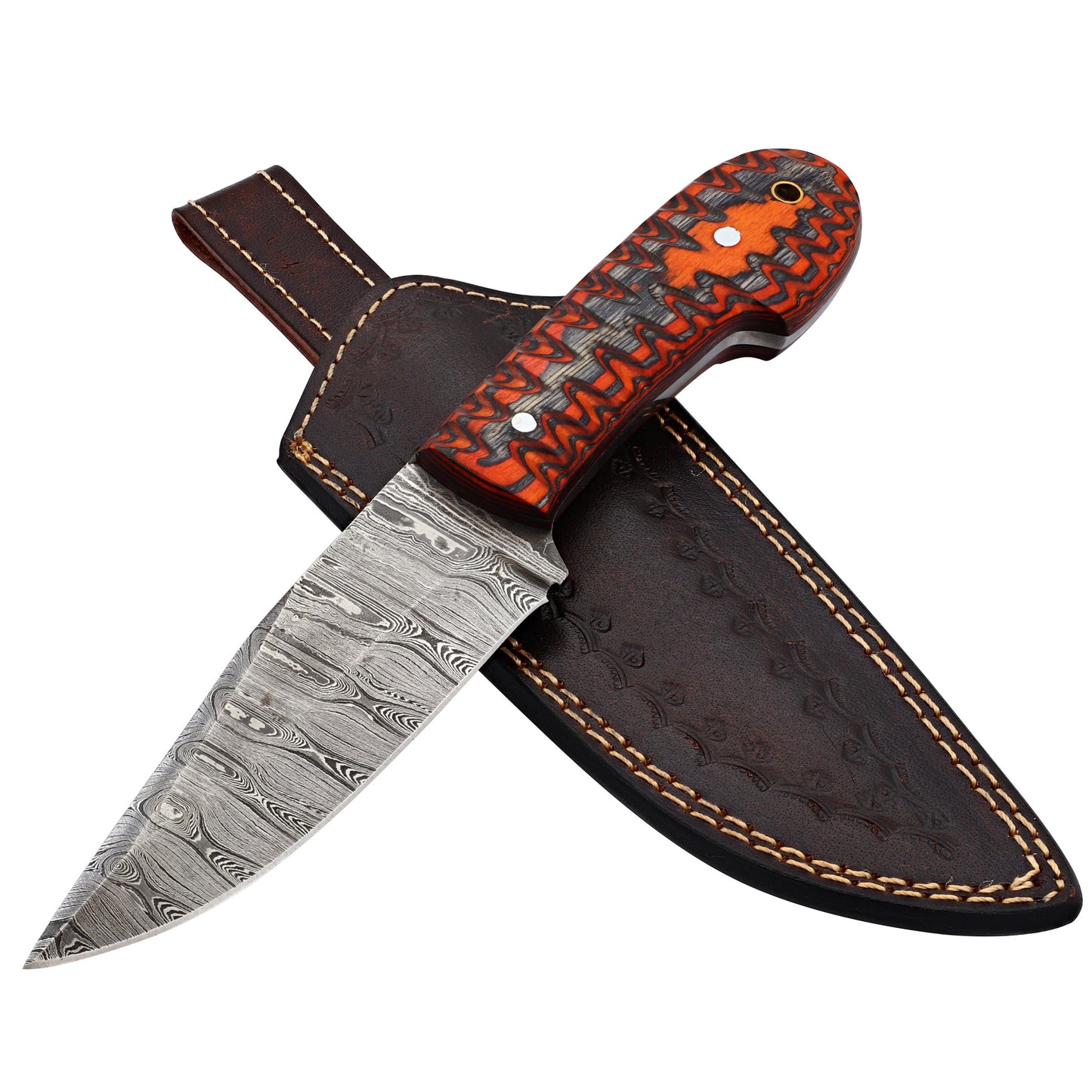 Jagged Rose Full Tang Clip Point Hand Forged Damascus Steel Small Medium Game Hunting Knife w/ Genuine Leather Sheath & Dyed Birch Wood Scales