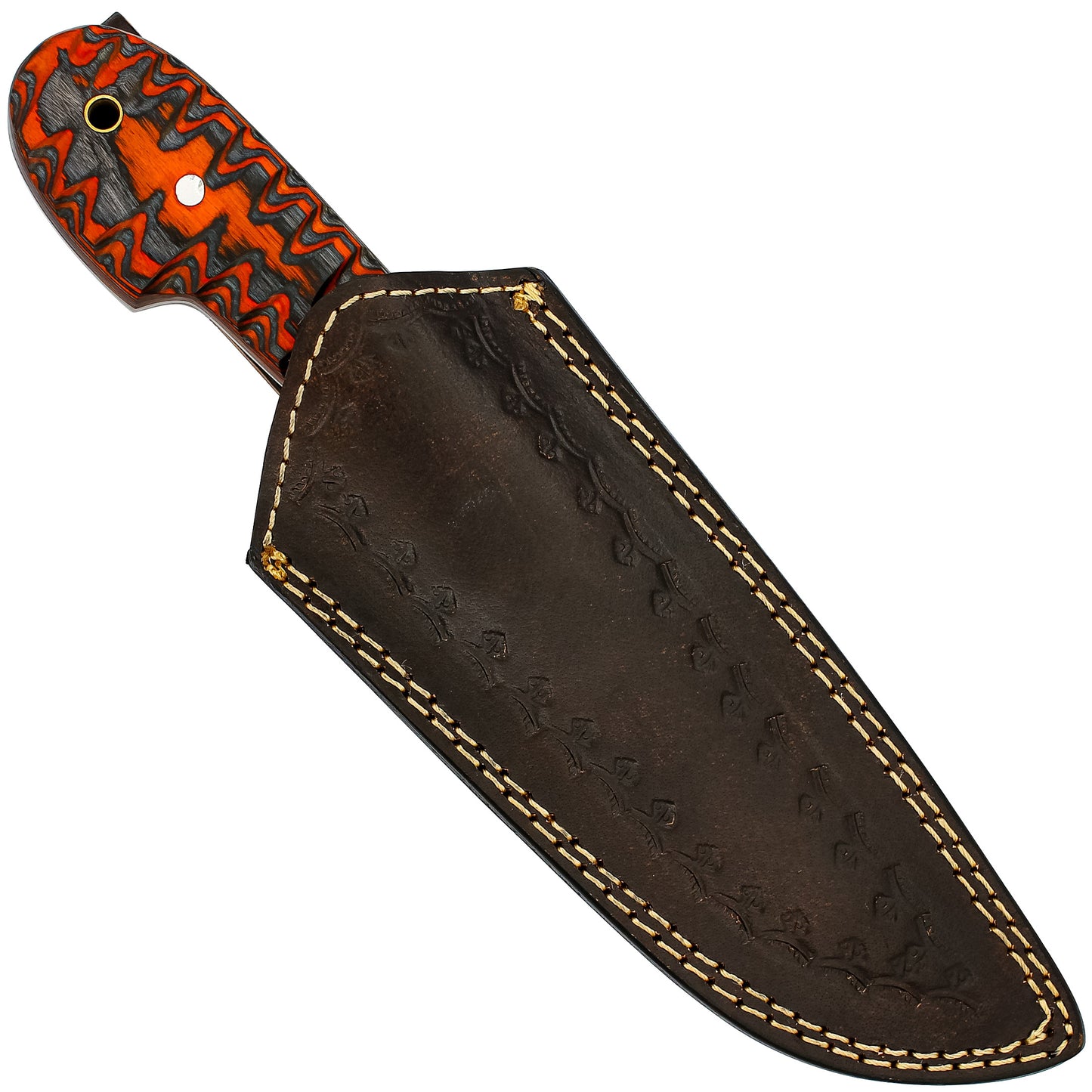 Jagged Rose Full Tang Clip Point Hand Forged Damascus Steel Small Medium Game Hunting Knife w/ Genuine Leather Sheath & Dyed Birch Wood Scales