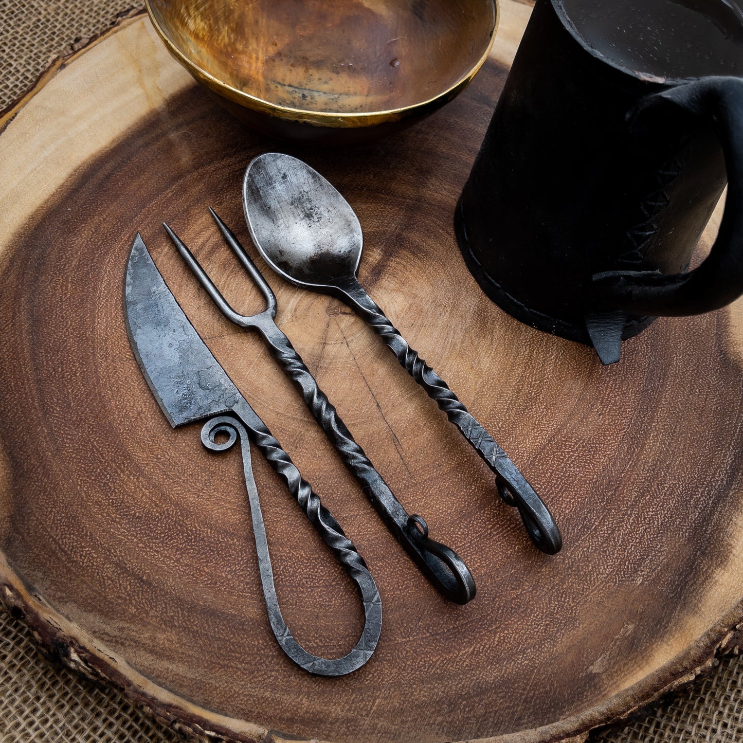 Orange Glow 3PC Set Medieval Iron Silverware Fork, Spoon, and Knife