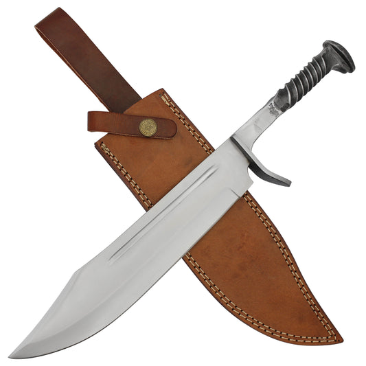 Steel Flourish Hunting Camping Hand Forged Railroad Spike Knife w/ Genuine Leather Sheath & Twisted Handle