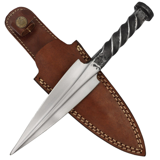 Demon Hiding Functional Full Tang Double-Edged Railroad Spike Knife w/ Twisted Handle & Genuine Leather Sheath Included