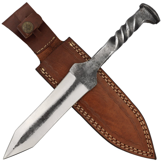 Two-Faced Double-Edged Full Tang Hand Forged Railroad Spike Knife w/ Twisted Handle & Genuine Leather Sheath Included