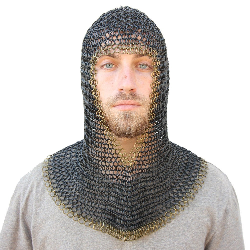 Medieval V Brass Face Mild Steel Chainmail Coif Armor