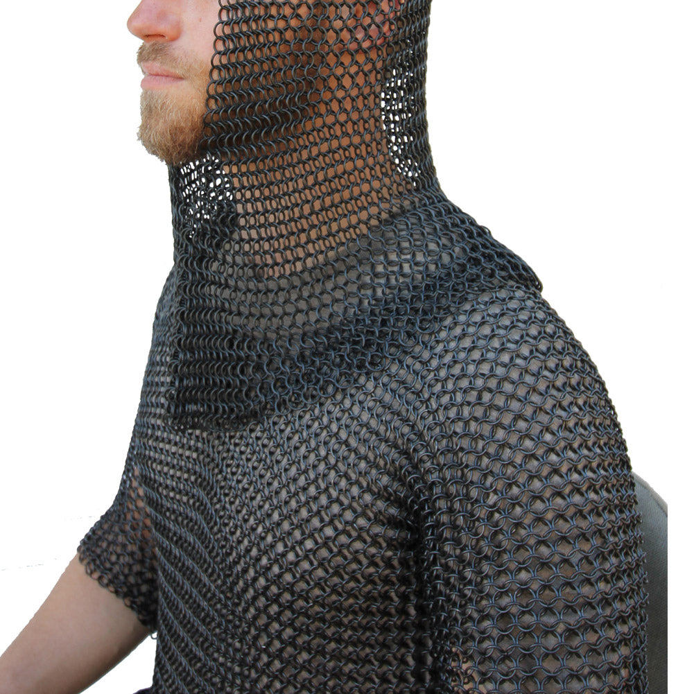 Medieval V Face Blackened Mild Steel Chainmail Coif Armor