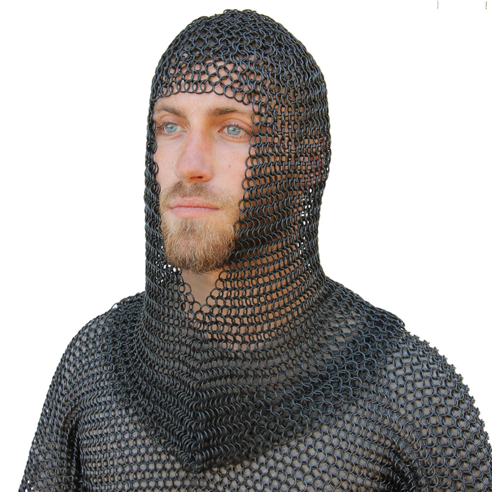 Medieval V Face Blackened Mild Steel Chainmail Coif Armor