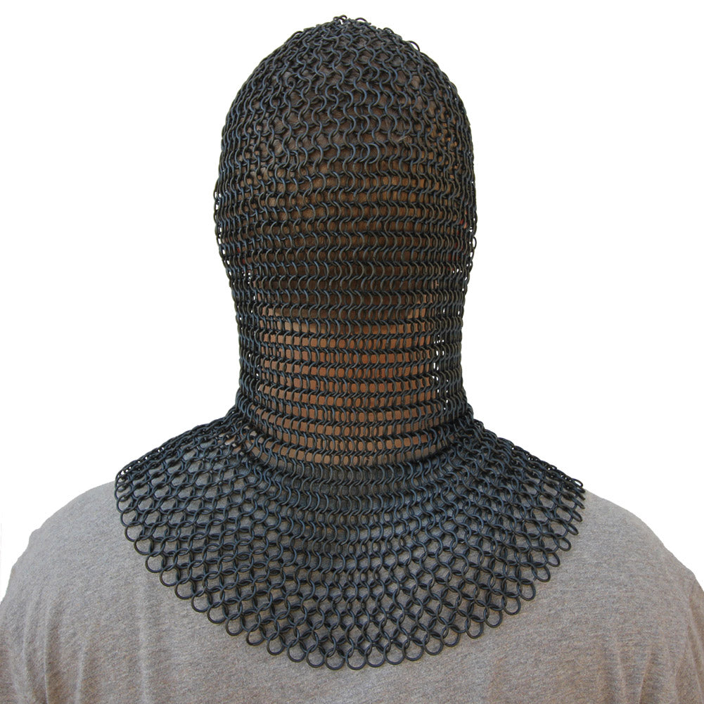 Medieval V Face Blackened Mild Steel Chainmail Coif Armor