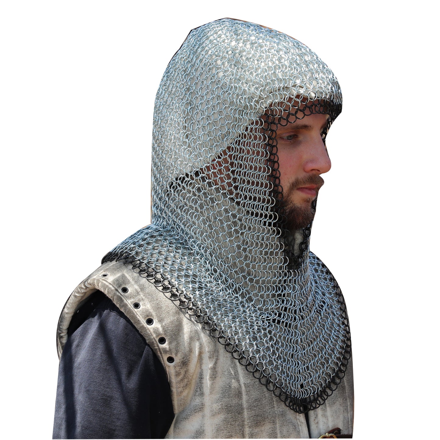 Medieval V Face Mild Steel Chainmail Coif Armor Blackened Steel Edges