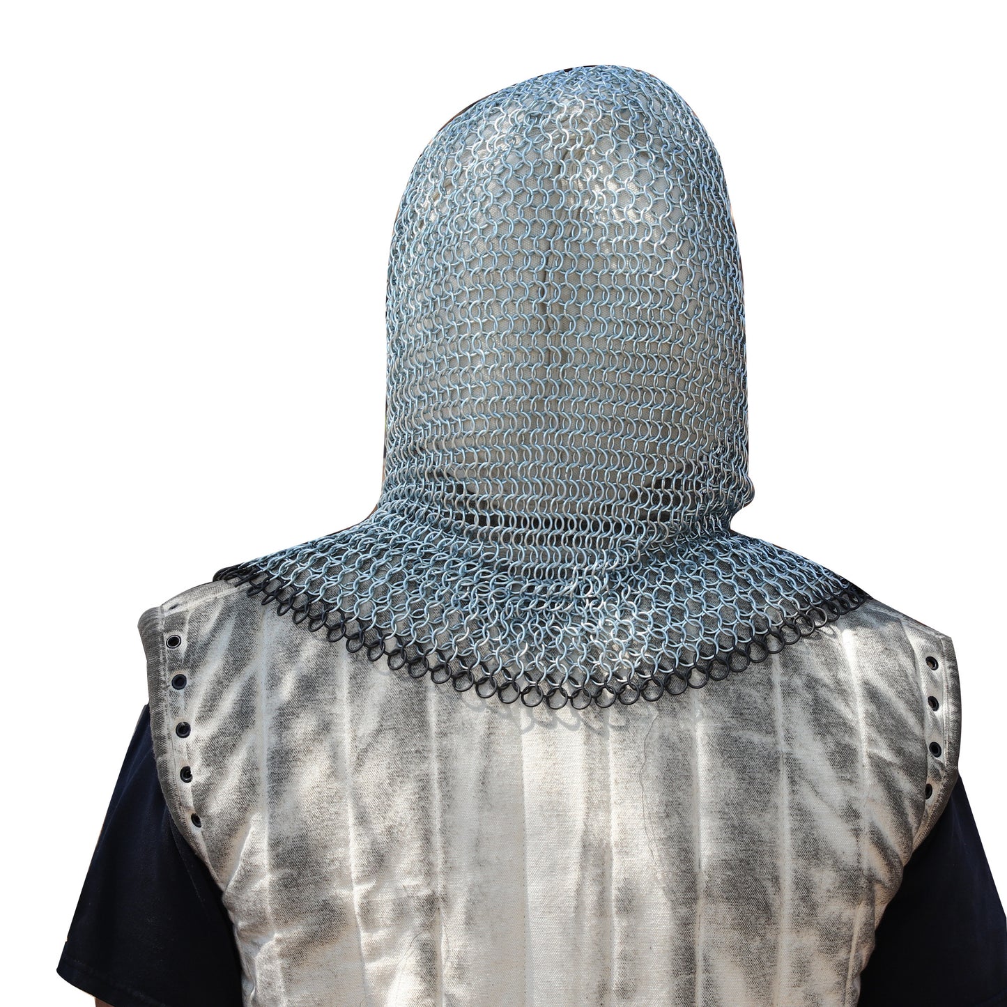 Medieval V Face Mild Steel Chainmail Coif Armor Blackened Steel Edges