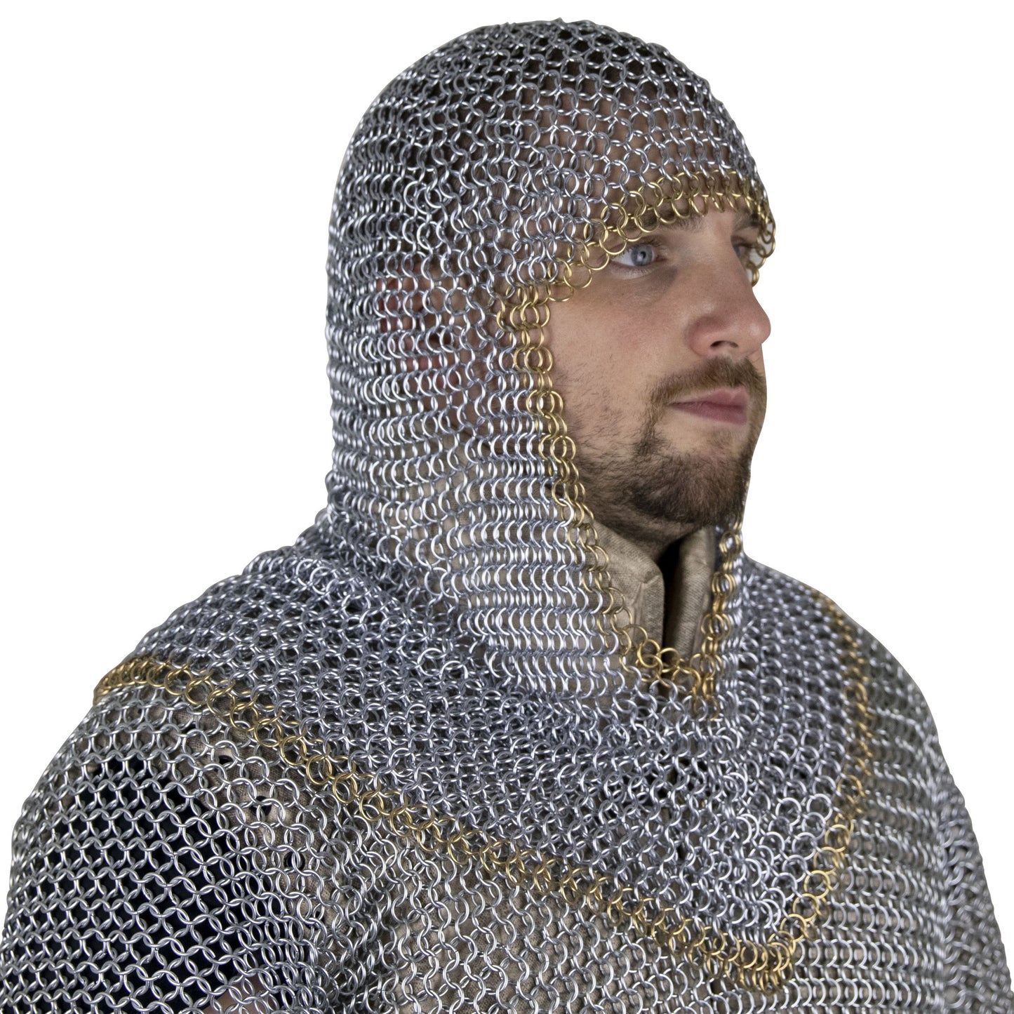 Medieval V Face Mild Steel Butted Chainmail Coif Armor With Pure Brass Edges