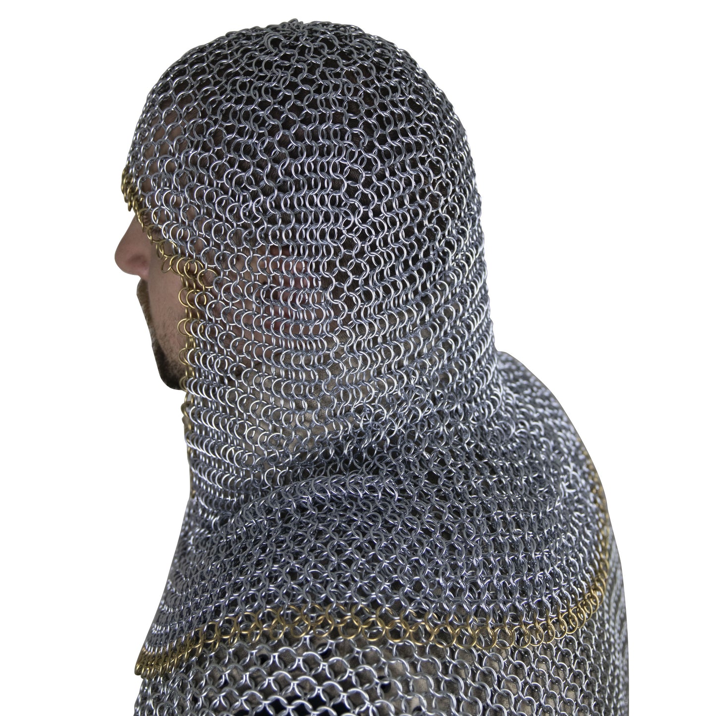 Medieval V Face Mild Steel Butted Chainmail Coif Armor With Pure Brass Edges