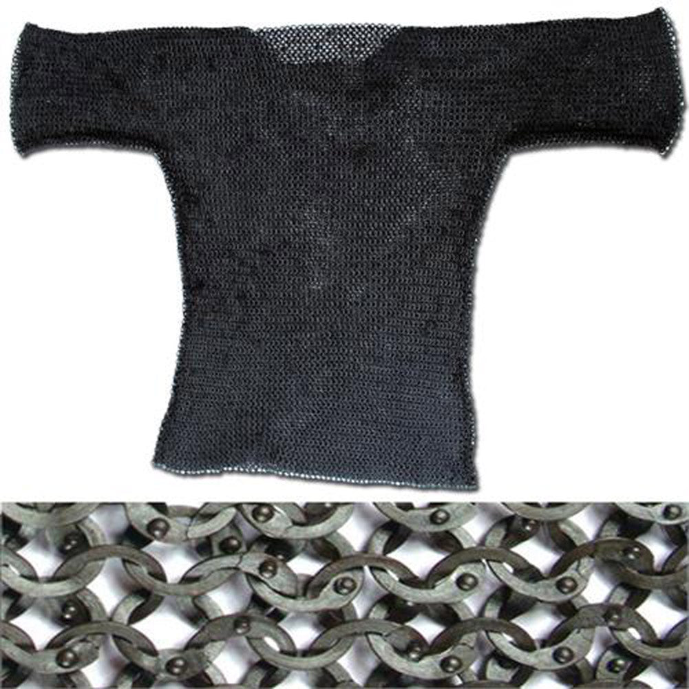 European Flat Ring Rivet Chain Mail Hauberk Black