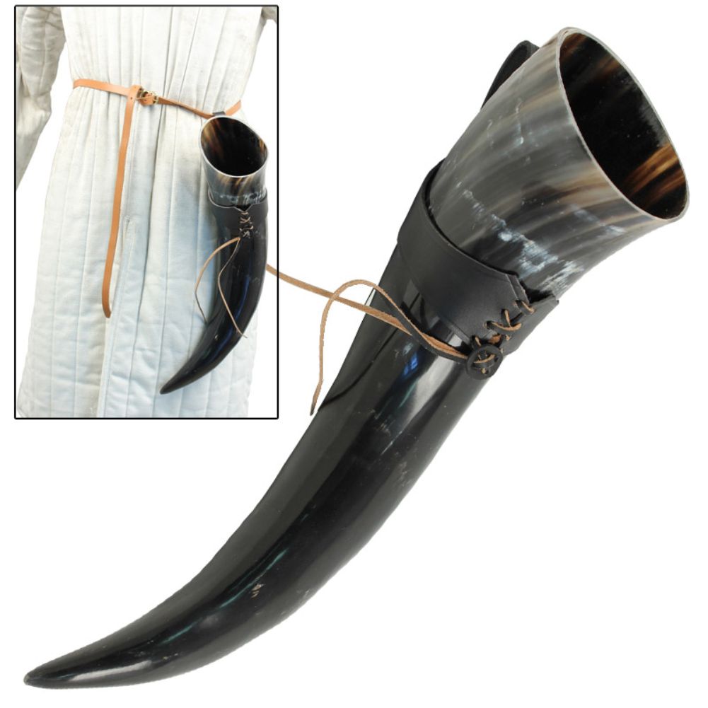 XL Drinking Horn with Black Leather Belt Frog