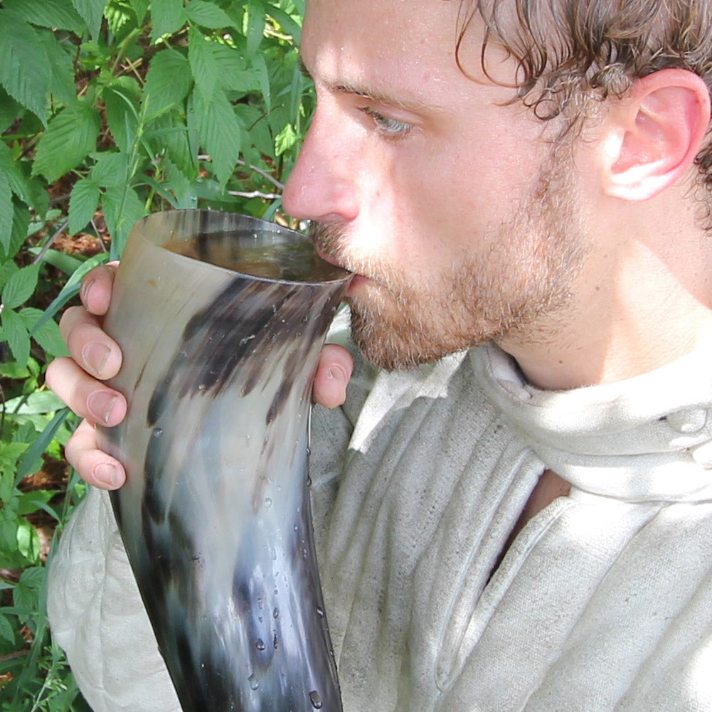 XL Drinking Horn with Brown Leather Belt Frog