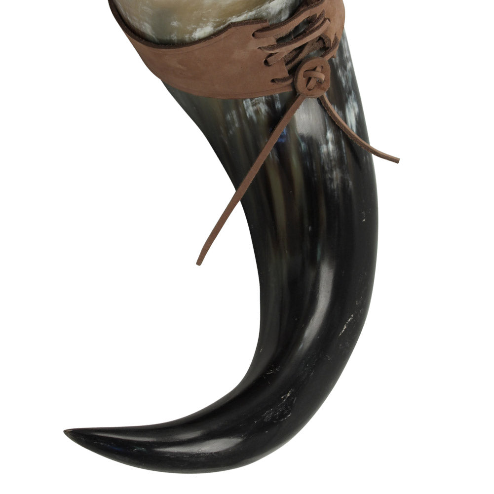 XL Drinking Horn with Brown Leather Belt Frog