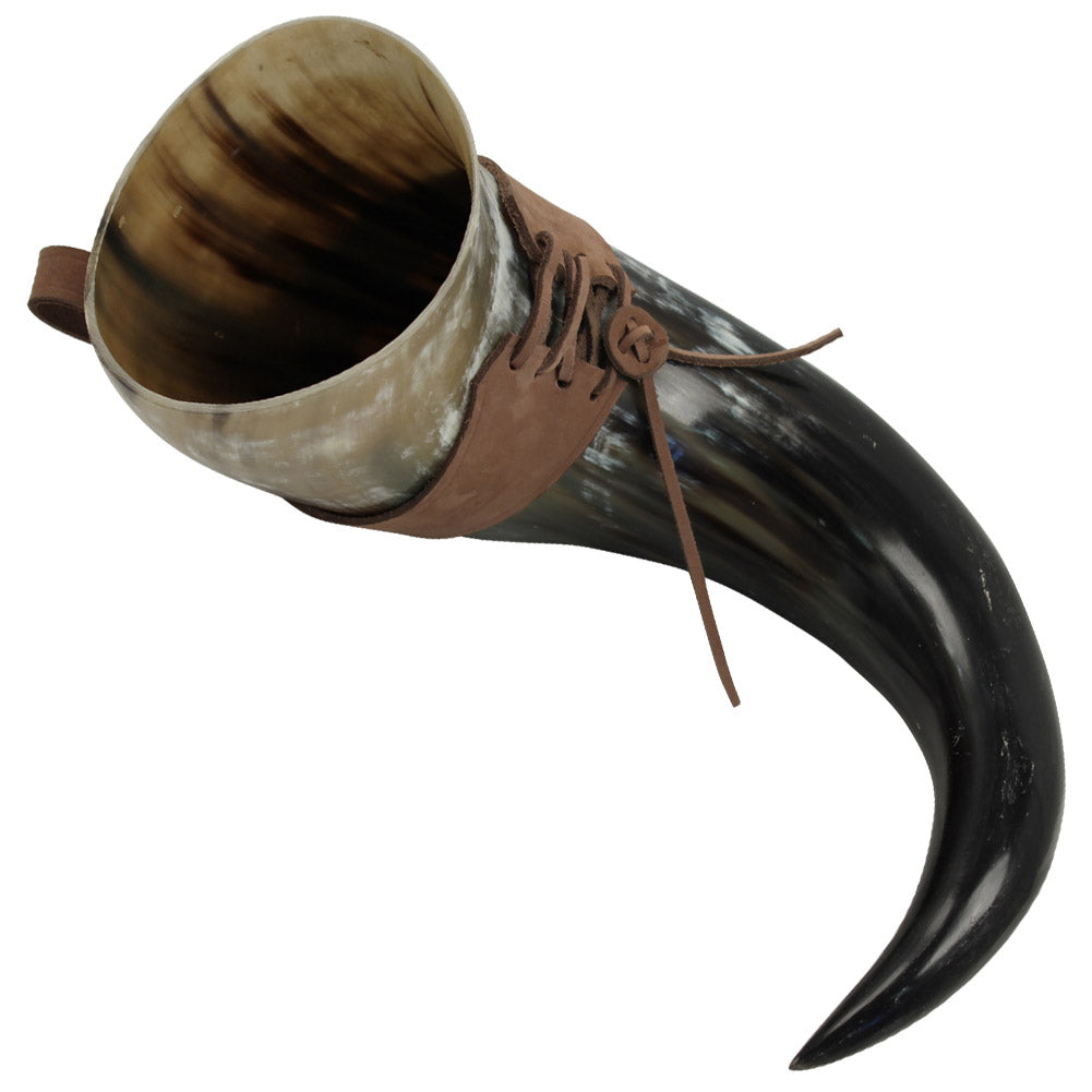 XL Drinking Horn with Brown Leather Belt Frog