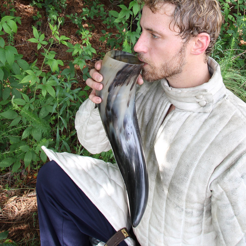 XL Drinking Horn with Brown Leather Belt Frog