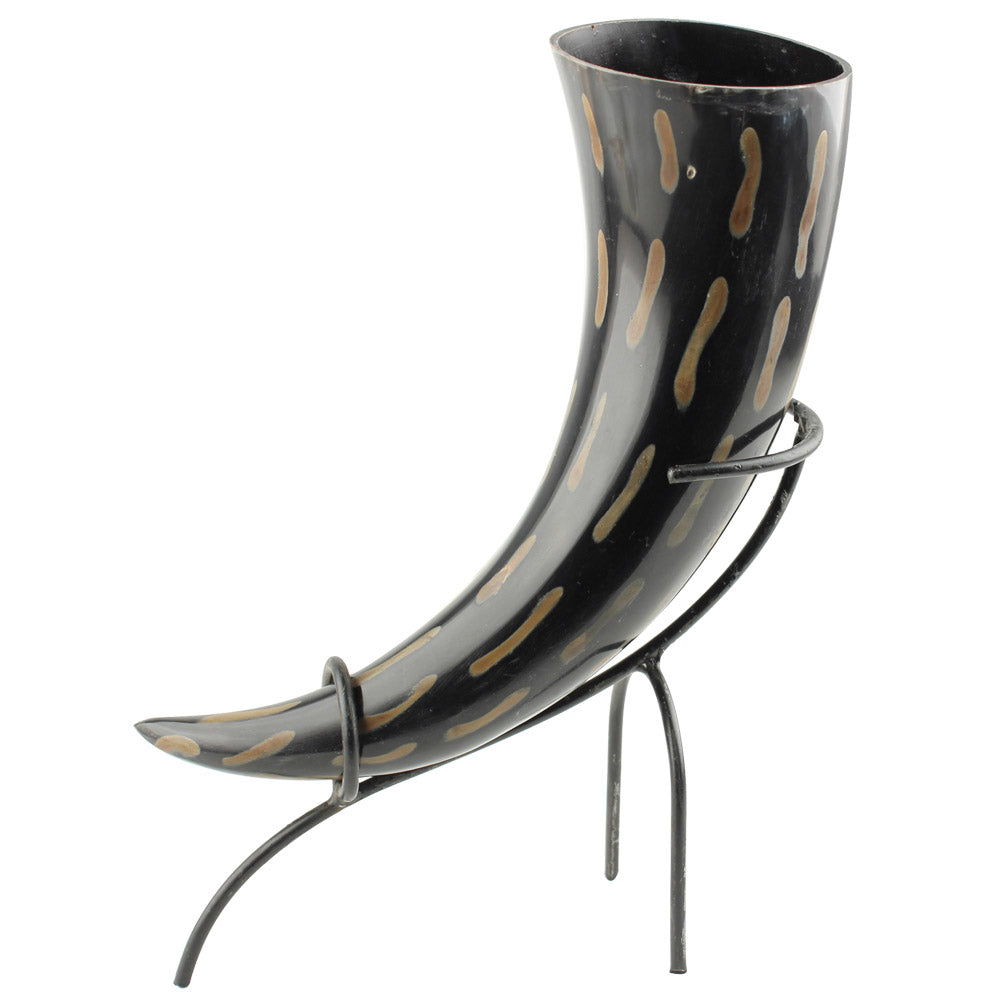 Fire Burned Medieval Drinking Horn with Metal Stand