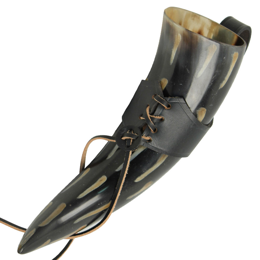 Fire Burned Medieval Drinking Horn with Black Leather Holder