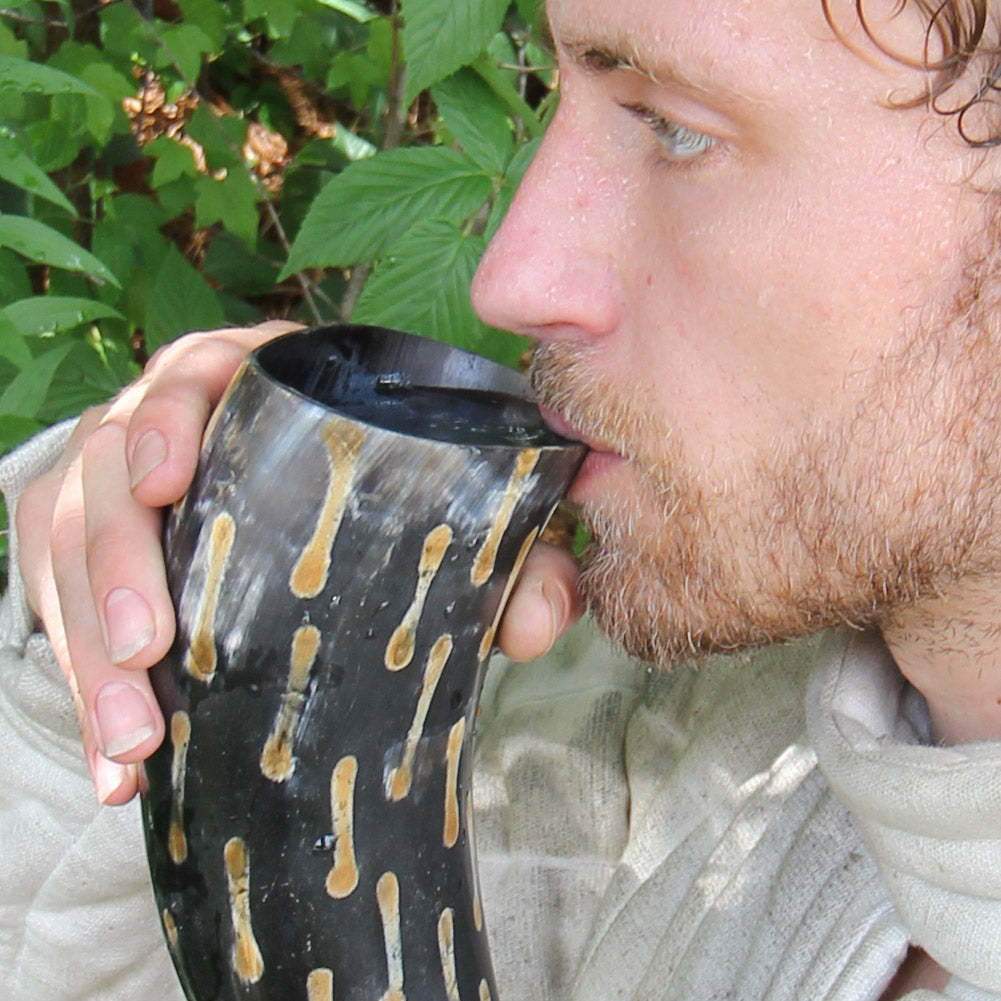 Fire Burned Medieval Drinking Horn with Brown Leather Holder