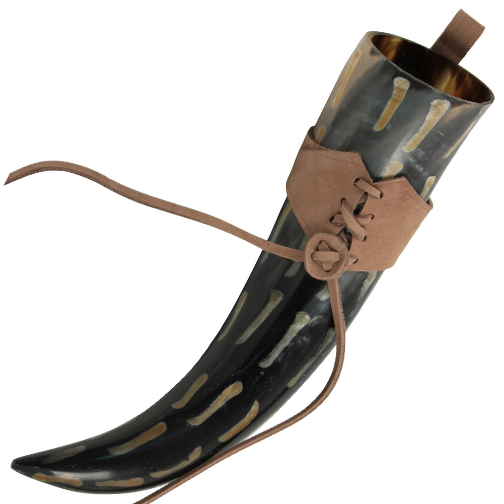 Fire Burned Medieval Drinking Horn with Brown Leather Holder