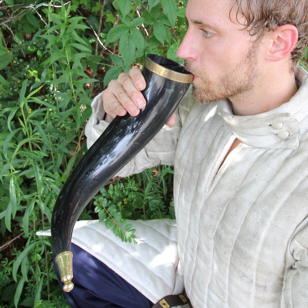 Brass Adorned Medieval Drinking Horn with Black Leather Holder