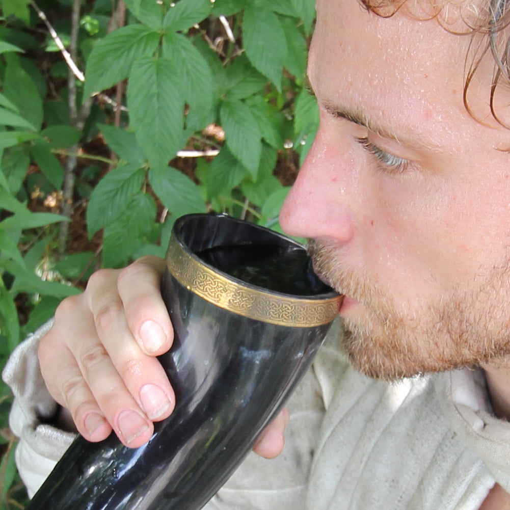 Brass Adorned Medieval Drinking Horn with Black Leather Holder