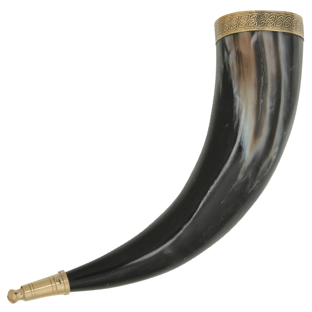 Brass Adorned Medieval Drinking Horn with Black Leather Holder