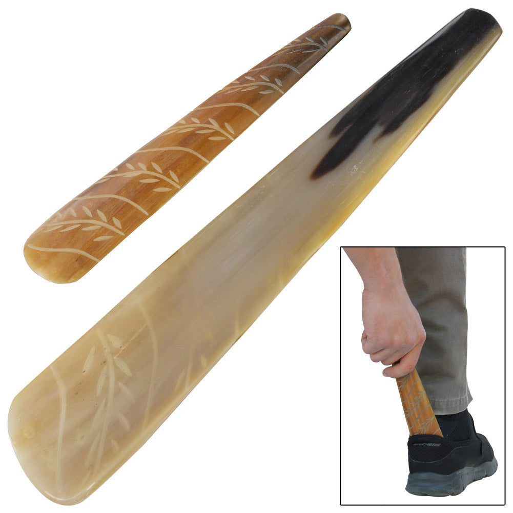 Natural Engraved Botanical Cow Horn Shoe Horn