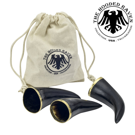The Hooded Raven ™ 3-Piece Drinking Horn Shot Set Canvas Bag Carrier Included