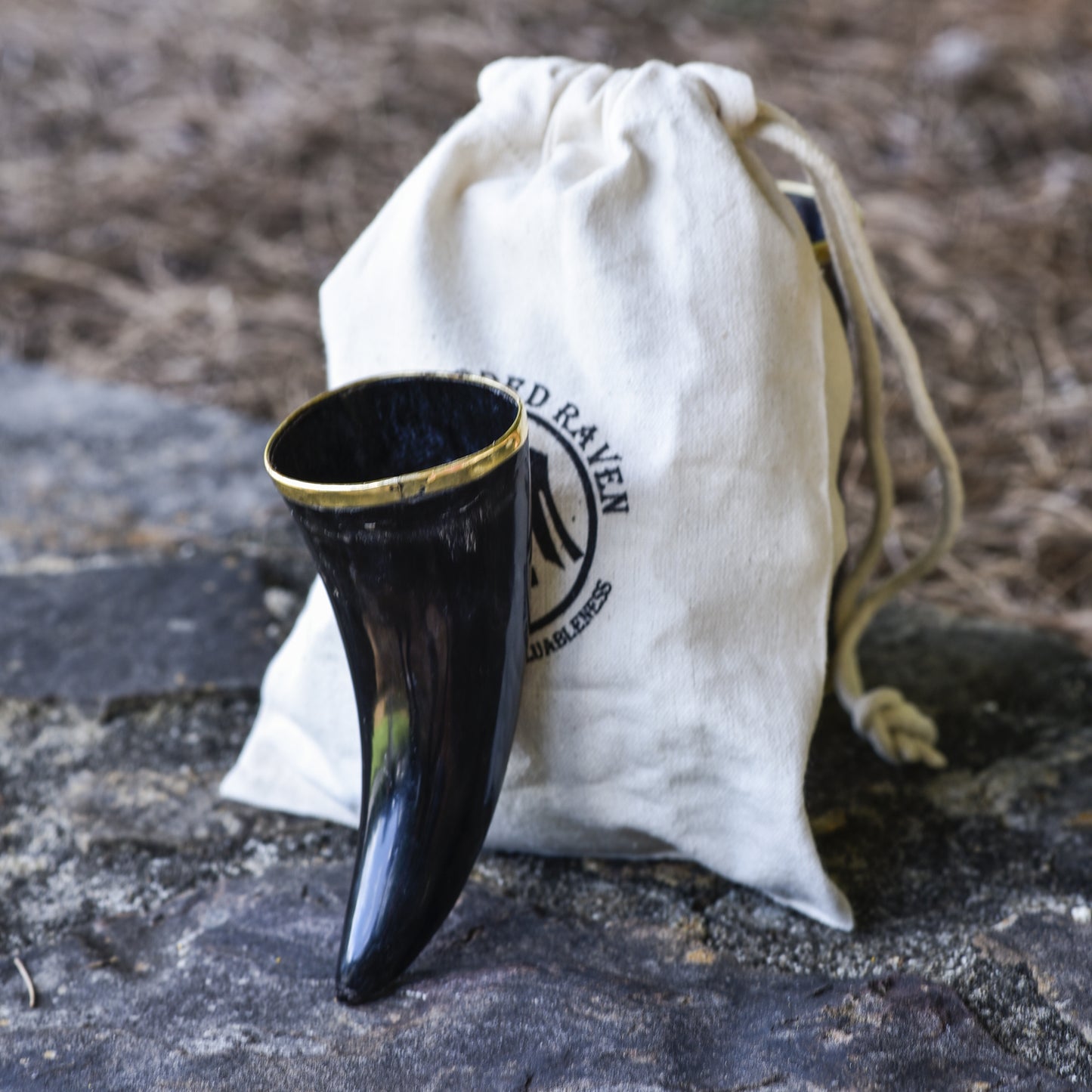 The Hooded Raven ™ 3-Piece Drinking Horn Shot Set Canvas Bag Carrier Included