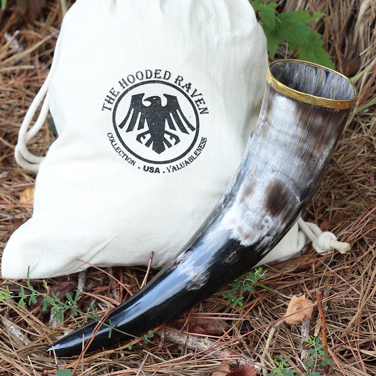 The Hooded Raven ™ Pure Brass Rim Drinking Horn Vessel Canvas Bag Included