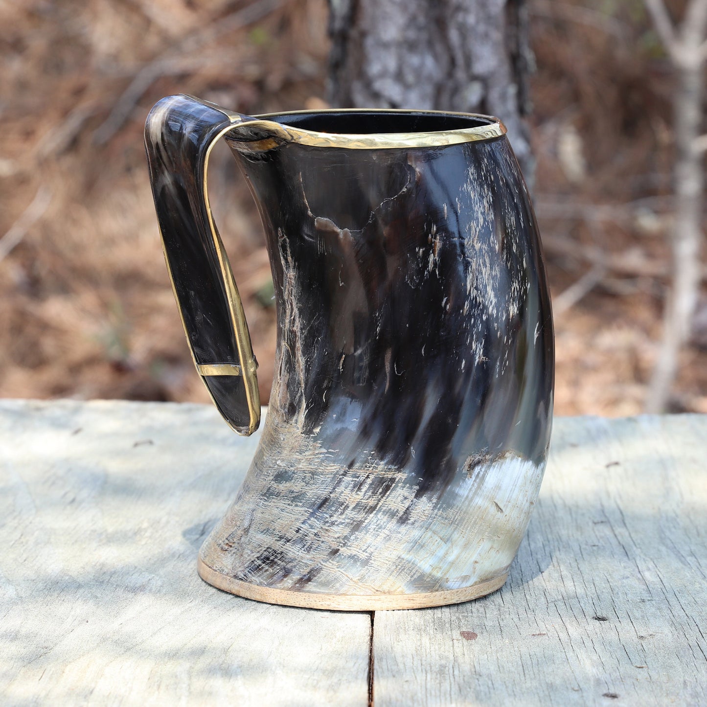 The Hooded Raven™ XXL Viking Royal Brass Rimmed Natural Buffalo Drinking Horn Tankard Mug