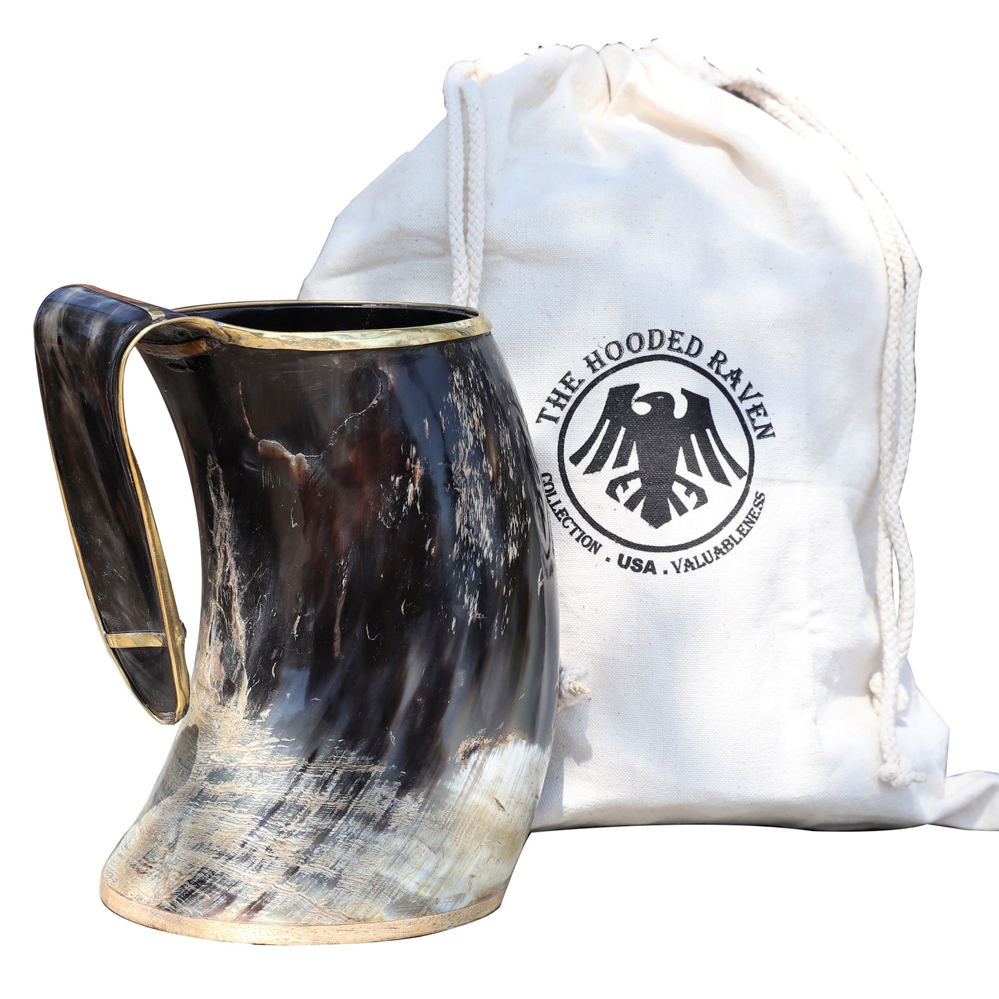 The Hooded Raven™ XXL Viking Royal Brass Rimmed Natural Buffalo Drinking Horn Tankard Mug