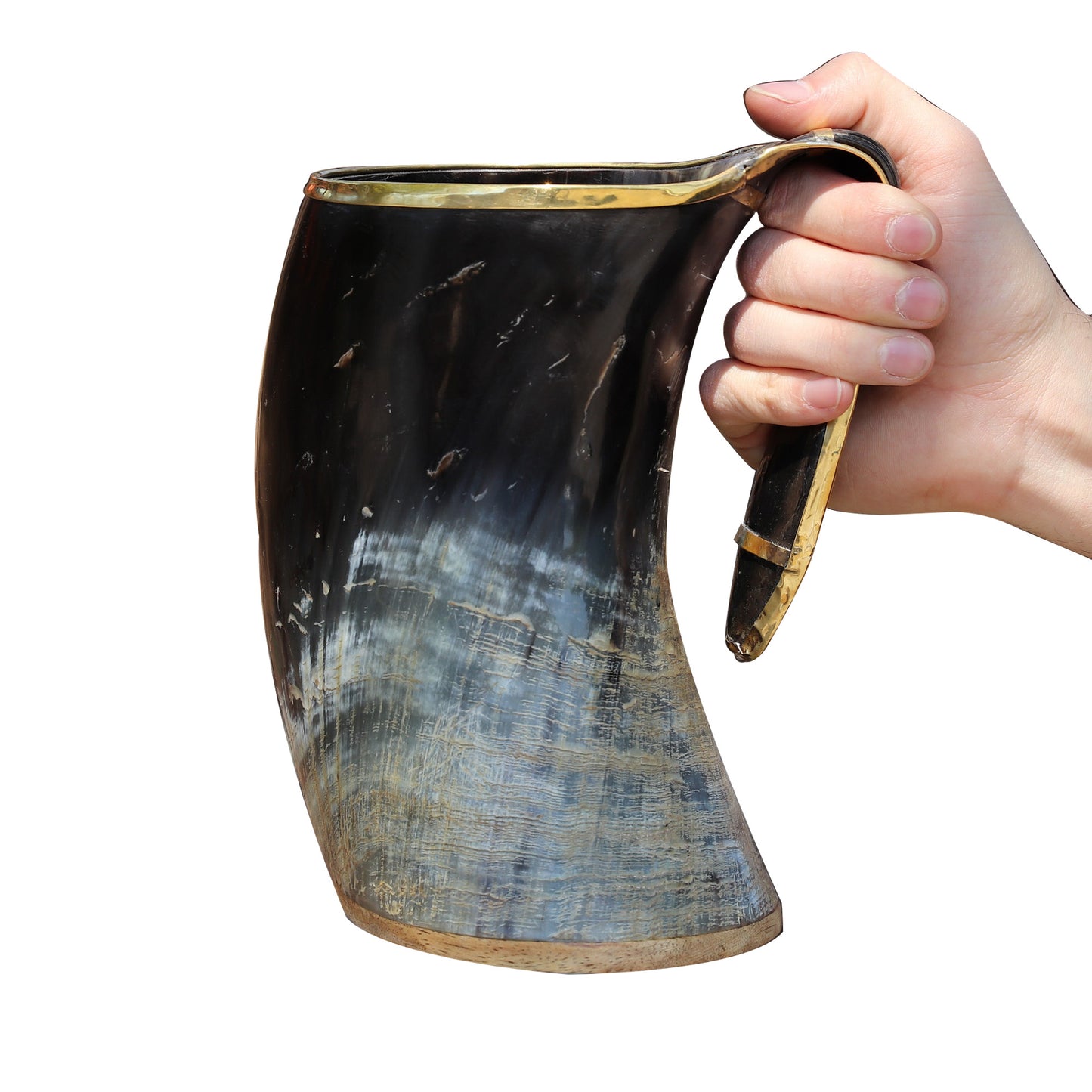 The Hooded Raven™ XXL Viking Royal Brass Rimmed Natural Buffalo Drinking Horn Tankard Mug