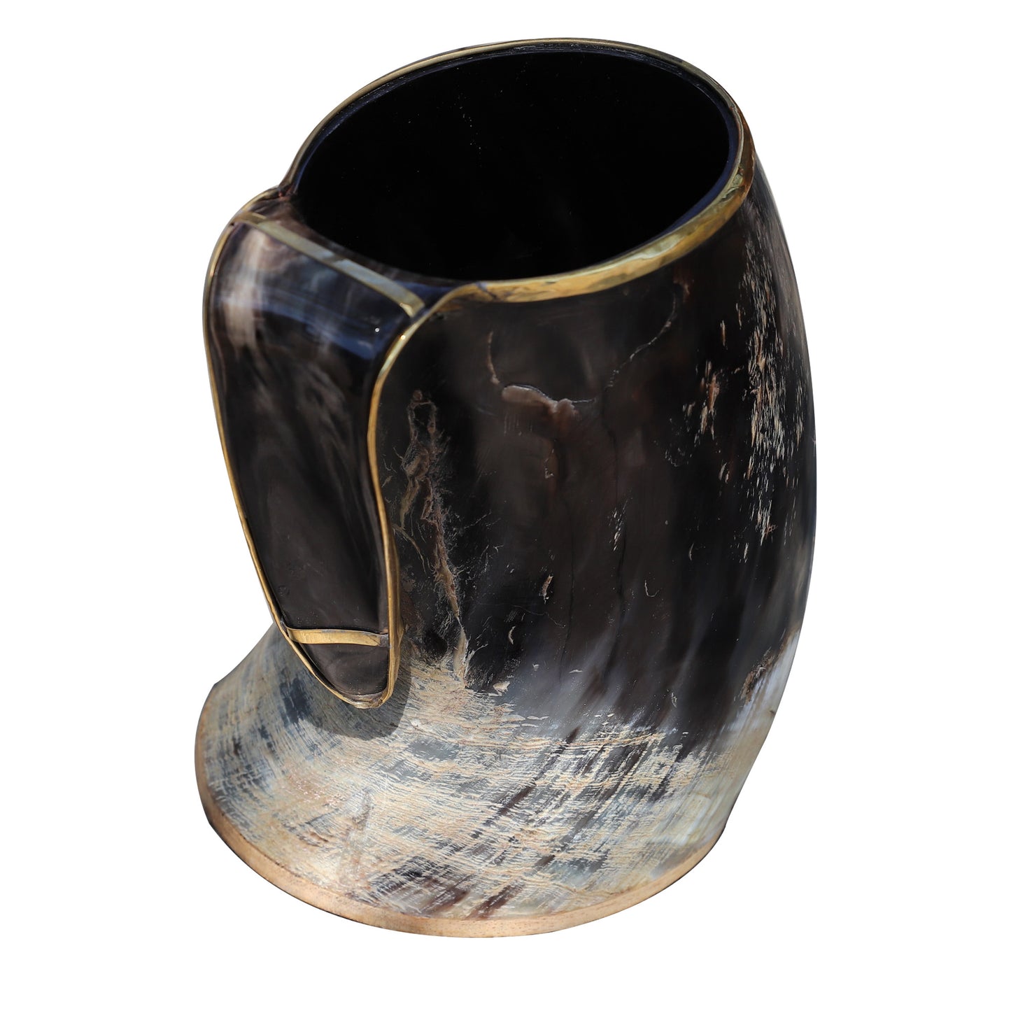 The Hooded Raven™ XXL Viking Royal Brass Rimmed Natural Buffalo Drinking Horn Tankard Mug